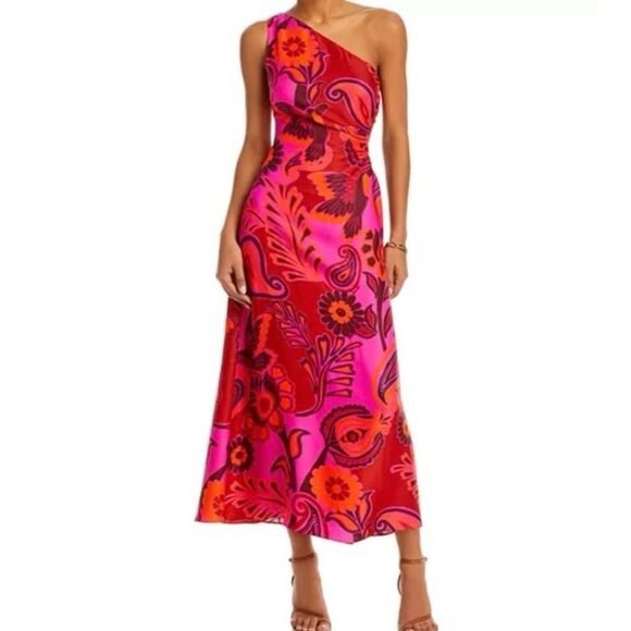 NEW FARM Rio Bold Floral Pink Midi Dress One Shoulder Cut-Out Beaded Ties Size L - Picture 2 of 16